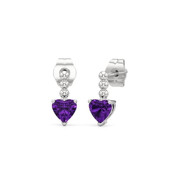 5.0mm Heart-Shaped Amethyst Solitaire Beaded Drop Earrings in Sterling Silver