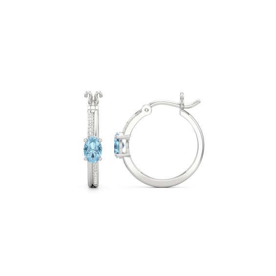 Oval Aquamarine and White Lab-Created Sapphire Hoop Earrings in Sterling Silver
