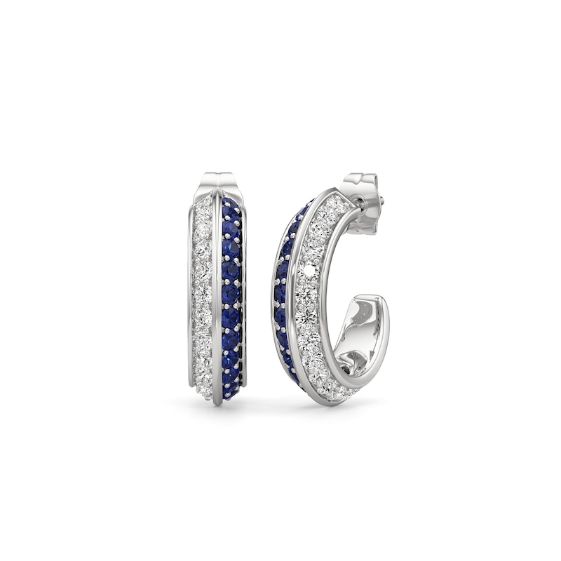 Main Image 1 of Blue and White Lab-Created Sapphire Knife Edge J-Hoop Earrings in Sterling Silver