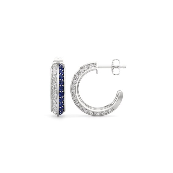 Blue and White Lab-Created Sapphire Knife Edge J-Hoop Earrings in Sterling Silver