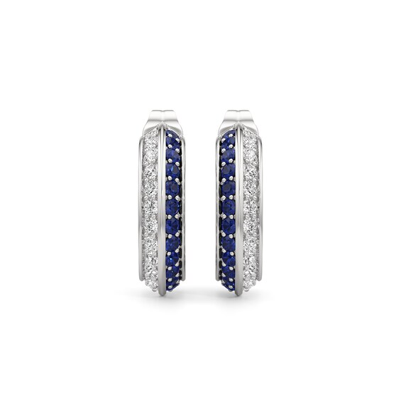 Blue and White Lab-Created Sapphire Knife Edge J-Hoop Earrings in Sterling Silver