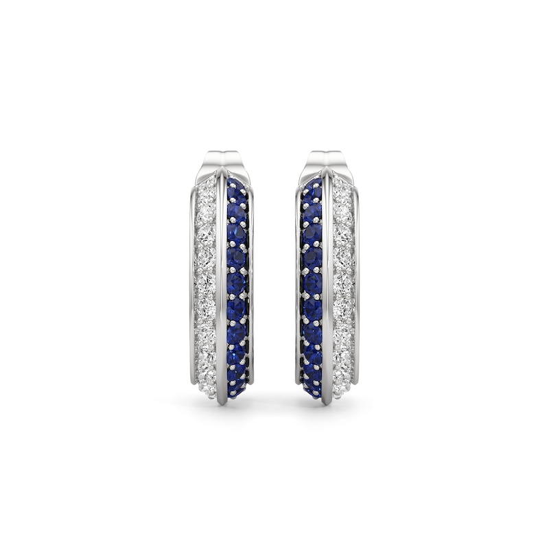 Main Image 3 of Blue and White Lab-Created Sapphire Knife Edge J-Hoop Earrings in Sterling Silver
