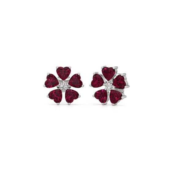 4.0mm Heart-Shaped Lab-Created Ruby and Diamond Accent Flower Stud Earrings in Sterling Silver