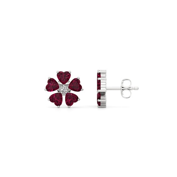 4.0mm Heart-Shaped Lab-Created Ruby and Diamond Accent Flower Stud Earrings in Sterling Silver