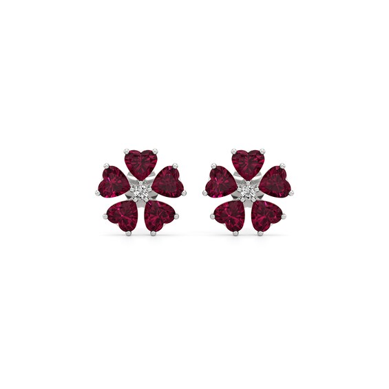 4.0mm Heart-Shaped Lab-Created Ruby and Diamond Accent Flower Stud Earrings in Sterling Silver