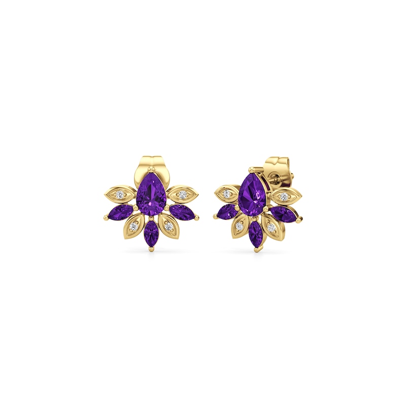 Main Image 1 of Pear-Shaped and Marquise-Cut Blue and White Lab-Created Sapphire Fan Stud Earrings in 10K Gold