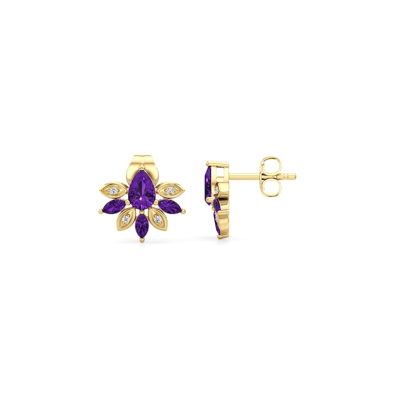 Main Image 2 of Pear-Shaped and Marquise-Cut Blue and White Lab-Created Sapphire Fan Stud Earrings in 10K Gold