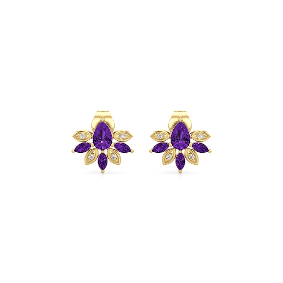 Pear-Shaped and Marquise-Cut Blue and White Lab-Created Sapphire Fan Stud Earrings in 10K Gold