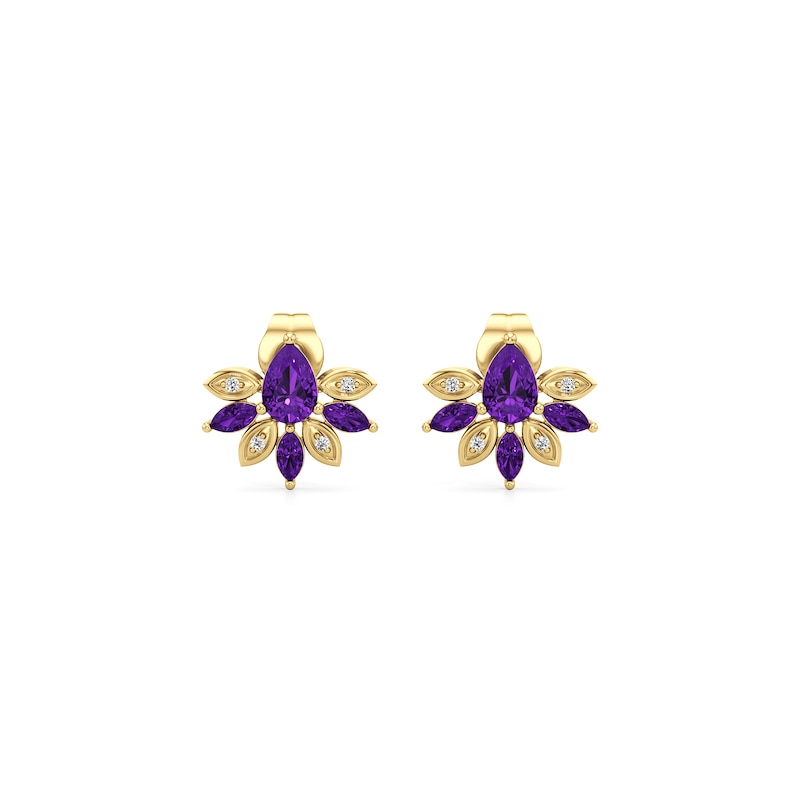 Main Image 3 of Pear-Shaped and Marquise-Cut Blue and White Lab-Created Sapphire Fan Stud Earrings in 10K Gold