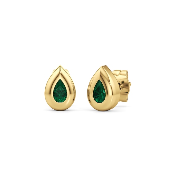 Pear-Shaped Lab-Created Emerald Bezel-Set Solitaire Stud Earrings in 10K Gold