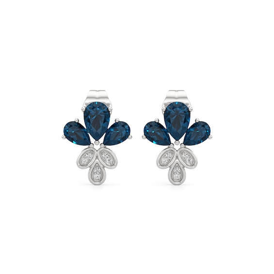 Pear-Shaped London Blue Topaz and Diamond Accent Floral Stud Earrings in 10K White Gold