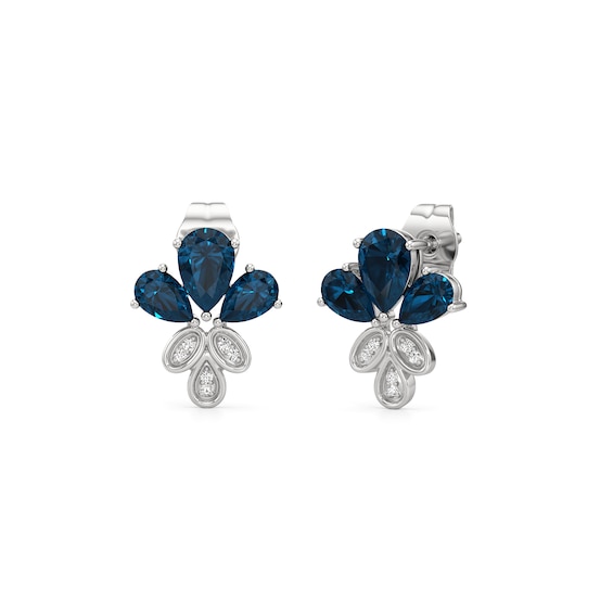 Pear-Shaped London Blue Topaz and Diamond Accent Floral Stud Earrings in 10K White Gold