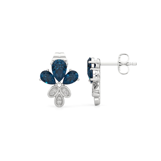 Pear-Shaped London Blue Topaz and Diamond Accent Floral Stud Earrings in 10K White Gold