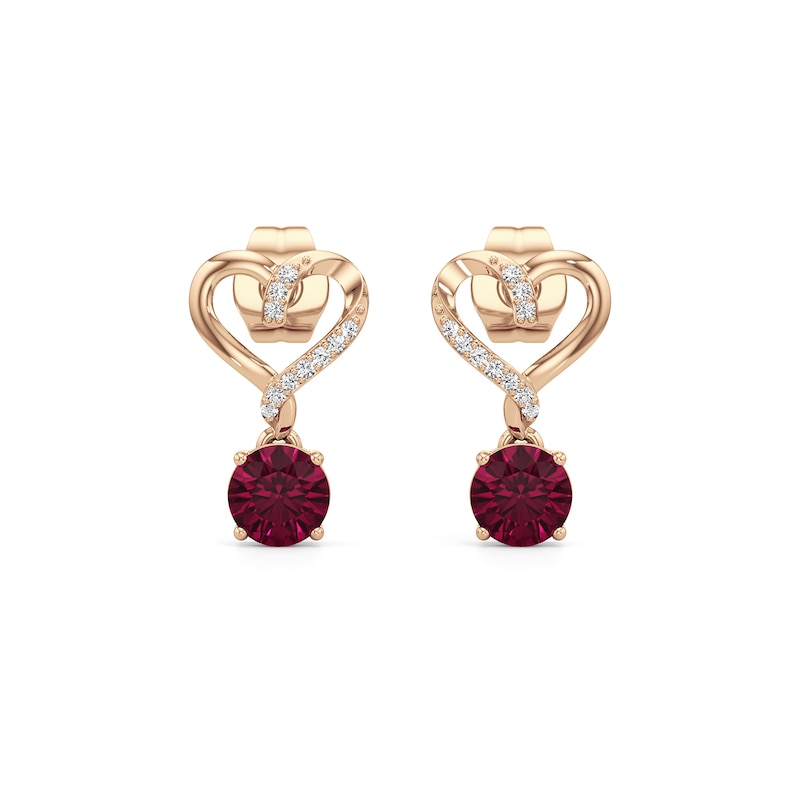 Main Image 1 of 5.0mm Lab-Created Ruby and 1/20 CT. T.W. Diamond Heart Drop Earrings in 10K Rose Gold