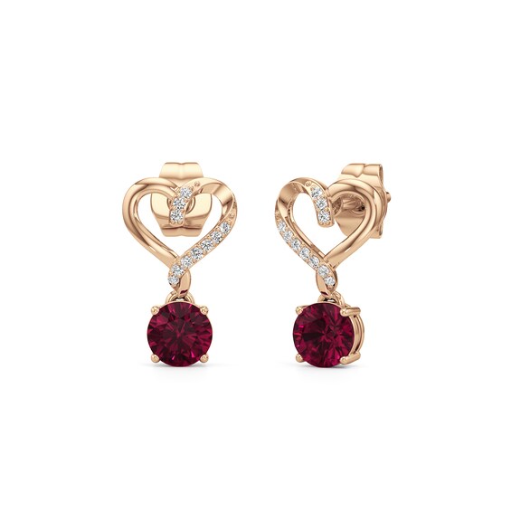 5.0mm Lab-Created Ruby and 1/20 CT. T.w. Diamond Heart Drop Earrings in 10K Rose Gold