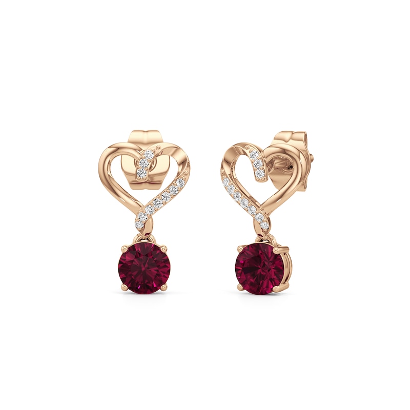 Main Image 2 of 5.0mm Lab-Created Ruby and 1/20 CT. T.W. Diamond Heart Drop Earrings in 10K Rose Gold