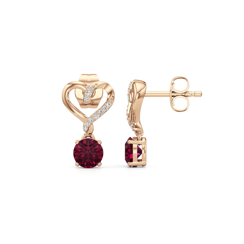 Main Image 3 of 5.0mm Lab-Created Ruby and 1/20 CT. T.W. Diamond Heart Drop Earrings in 10K Rose Gold