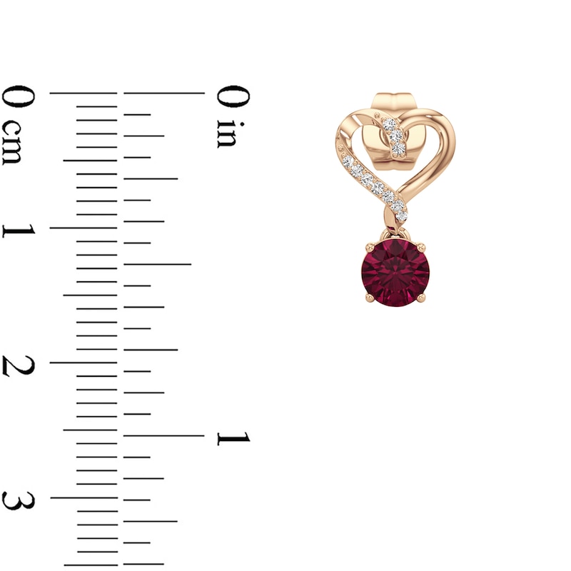 Main Image 4 of 5.0mm Lab-Created Ruby and 1/20 CT. T.W. Diamond Heart Drop Earrings in 10K Rose Gold