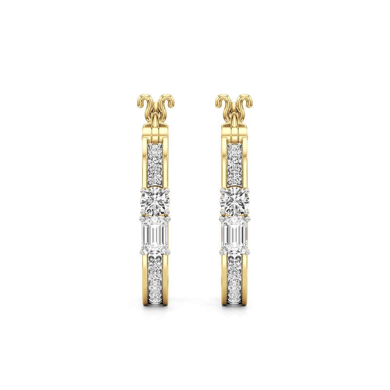 Main Image 1 of Emerald-Cut and Round White Lab-Created Sapphire Oval Hoop Earrings in Sterling Silver with 24K Gold Plate