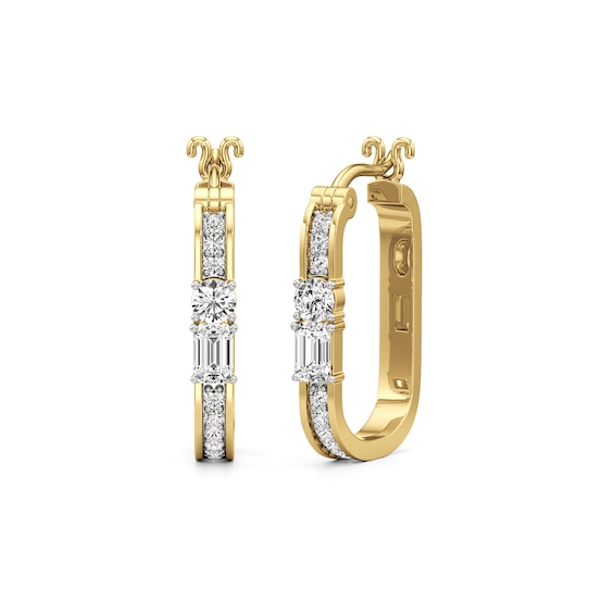 Emerald-Cut and Round White Lab-Created Sapphire Oval Hoop Earrings in Sterling Silver with 24K Gold Plate