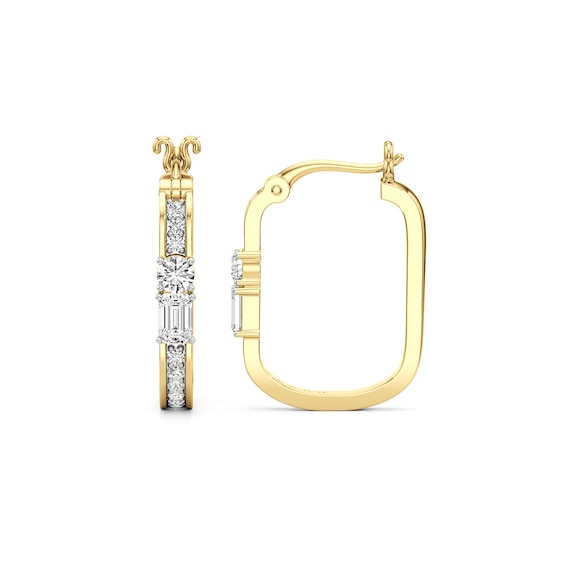 Emerald-Cut and Round White Lab-Created Sapphire Oval Hoop Earrings in Sterling Silver with 24K Gold Plate