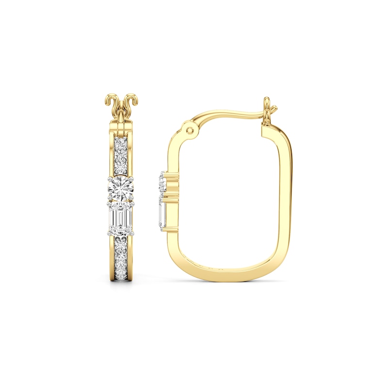 Main Image 3 of Emerald-Cut and Round White Lab-Created Sapphire Oval Hoop Earrings in Sterling Silver with 24K Gold Plate
