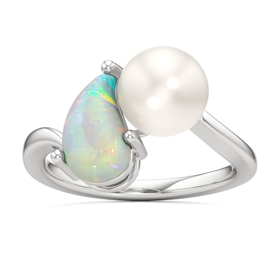Teardrop Lab-Created Opal and Freshwater Cultured Pearl Toi et Moi Ring in Sterling Silver