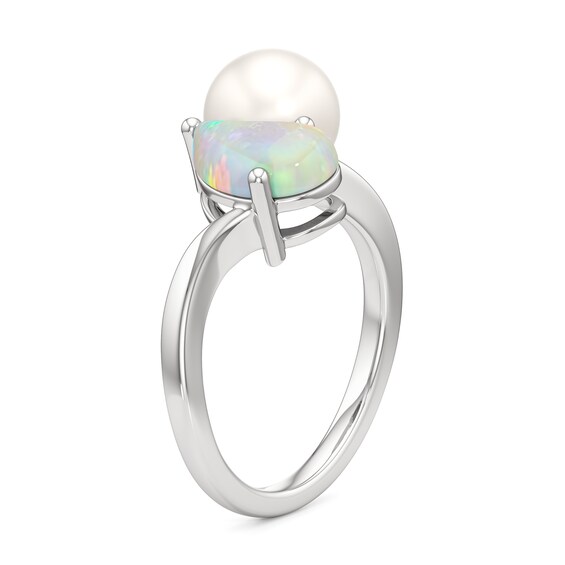 Teardrop Lab-Created Opal and Freshwater Cultured Pearl Toi et Moi Ring in Sterling Silver