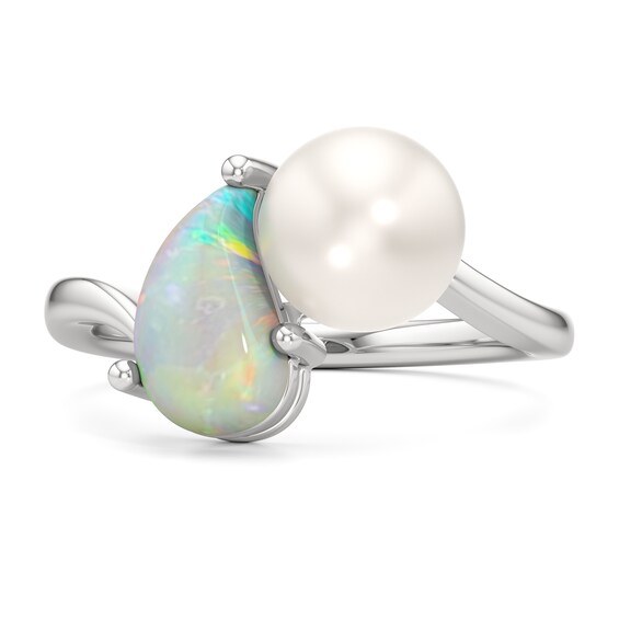 Teardrop Lab-Created Opal and Freshwater Cultured Pearl Toi et Moi Ring in Sterling Silver