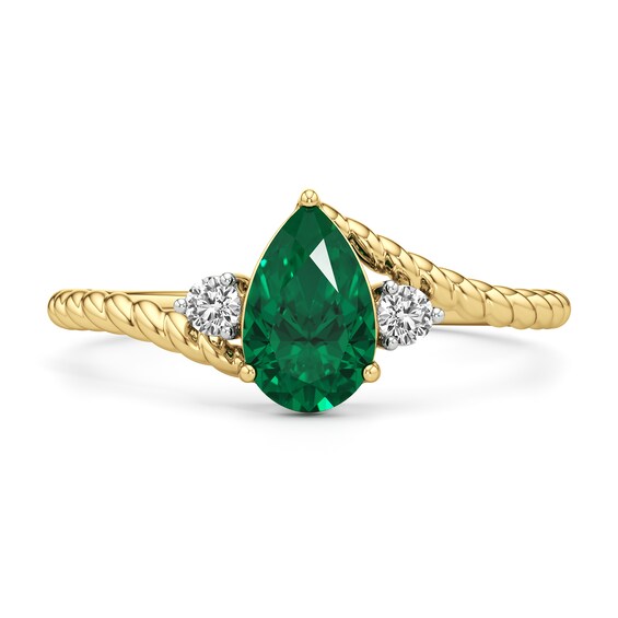 Pear-Shaped Lab-Created Emerald and White Sapphire Three Stone Bypass Shank Ring 10K Gold