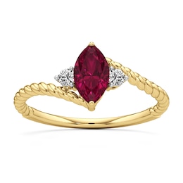 Marquise-Cut Lab-Created Ruby and White Lab-Created Sapphire Three Stone Bypass Shank Ring in 10K Gold
