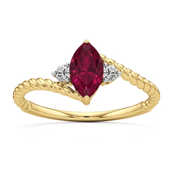 Marquise-Cut Lab-Created Ruby and White Lab-Created Sapphire Three Stone Bypass Shank Ring in 10K Gold