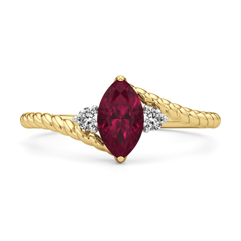 Main Image 2 of Marquise-Cut Lab-Created Ruby and White Lab-Created Sapphire Three Stone Bypass Shank Ring in 10K Gold