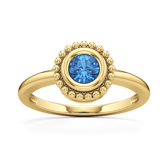 6.0mm Swiss Blue Topaz Bezel-Set Solitaire Beaded Frame Ring in 10K Gold