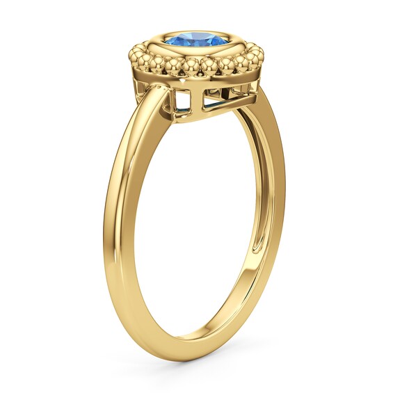6.0mm Swiss Blue Topaz Bezel-Set Solitaire Beaded Frame Ring in 10K Gold