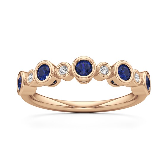Blue and White Lab-Created Sapphire Bezel-Set Alternating Ring 10K Rose Gold