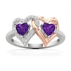 Thumbnail Image 1 of Heart-Shaped Amethyst and White Lab-Created Sapphire Double Heart Ring in Sterling Silver and 14K Rose Gold Plate