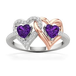 Heart-Shaped Amethyst and White Lab-Created Sapphire Double Heart Ring in Sterling Silver and 14K Rose Gold Plate