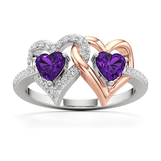 Heart-Shaped Amethyst and White Lab-Created Sapphire Double Heart Ring in Sterling Silver and 14K Rose Gold Plate