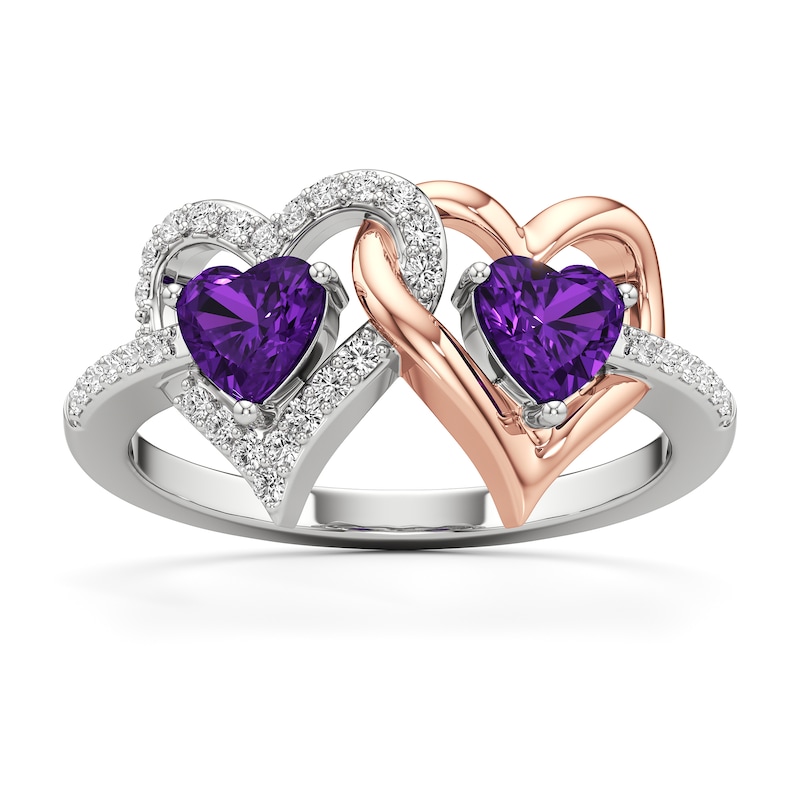 Main Image 1 of Heart-Shaped Amethyst and White Lab-Created Sapphire Double Heart Ring in Sterling Silver and 14K Rose Gold Plate