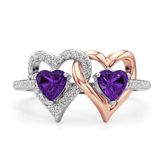 Heart-Shaped Amethyst and White Lab-Created Sapphire Double Heart Ring in Sterling Silver and 14K Rose Gold Plate