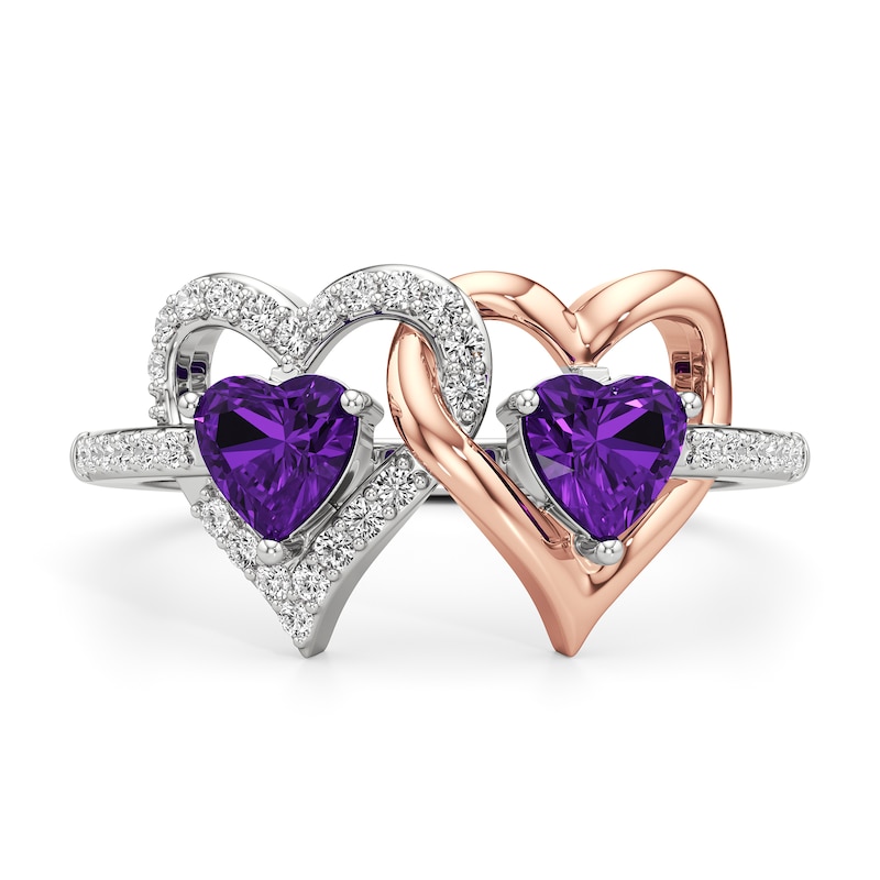 Main Image 2 of Heart-Shaped Amethyst and White Lab-Created Sapphire Double Heart Ring in Sterling Silver and 14K Rose Gold Plate