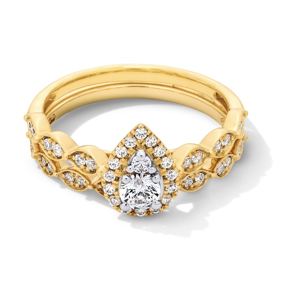 1/2 CT. T.w. Pear-Shaped Certified Lab-Grown Multi-Diamond Frame Art Deco Bridal Set in 10K Gold (F/Si2)