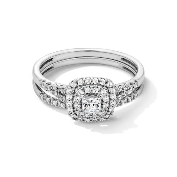 1/2 CT. T.w. Princess-Cut Certified Lab-Grown Diamond Double Cushion Frame Split Shank Bridal Set in 10K White Gold