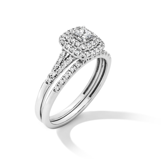 1/2 CT. T.w. Princess-Cut Certified Lab-Grown Diamond Double Cushion Frame Split Shank Bridal Set in 10K White Gold