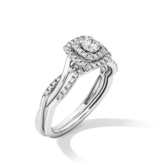 1/2 CT. T.w. Certified Lab-Grown Diamond Cushion Frame Twist Shank Bridal Set in 10K Gold (F/Si2