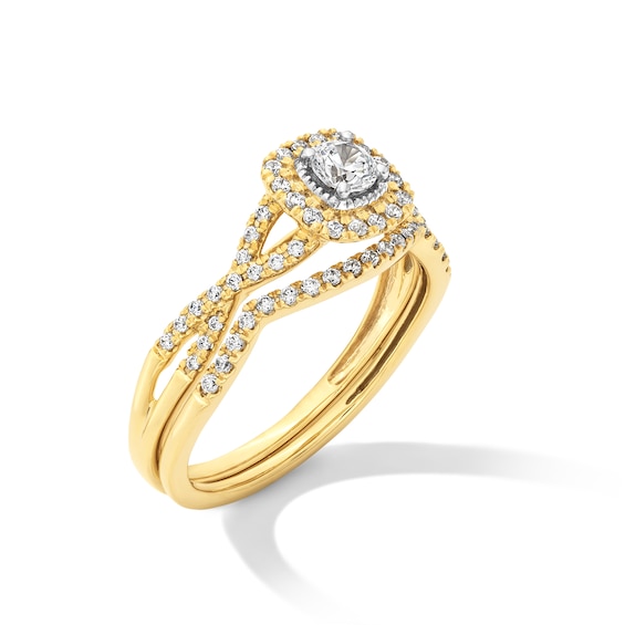 1/2 CT. T.w. Certified Lab-Grown Diamond Cushion Frame Twist Shank Bridal Set in 10K Gold (F/Si2)