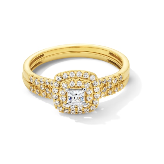 1/2 CT. T.w. Princess-Cut Certified Lab-Grown Diamond Double Cushion Frame Split Shank Bridal Set in 10K Gold (F/Si2)