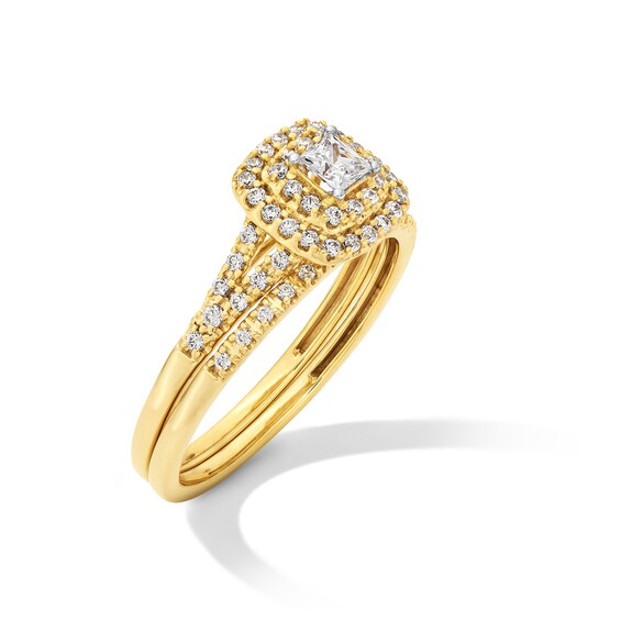 1/2 CT. T.w. Princess-Cut Certified Lab-Grown Diamond Double Cushion Frame Split Shank Bridal Set in 10K Gold (F/Si2)