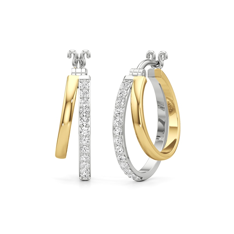Main Image 2 of White Lab-Created Sapphire Double Row Split Hoop Earrings in Sterling Silver and 24K Gold Plate